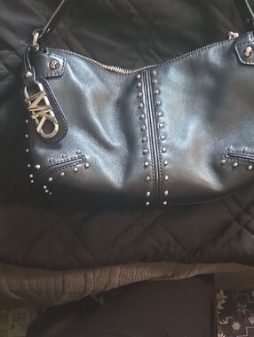 Michael Kors Black Leather Studded Shoulder Bag with MK Charm